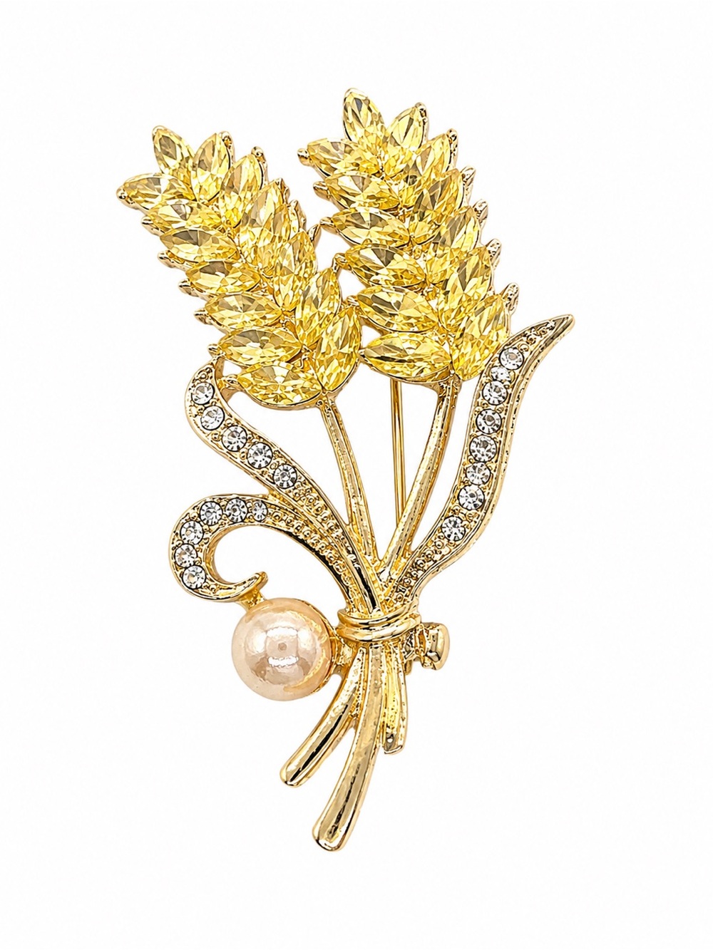 Gold‎ Tone Wheat Sheaf Rhinestone Pearl Brooch Pin Crystal Wheat